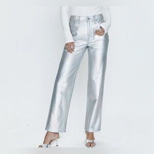PISTOLA $170 Cassie High Rise Straight Pants Coated‎ Prism Silver Metallic Disco